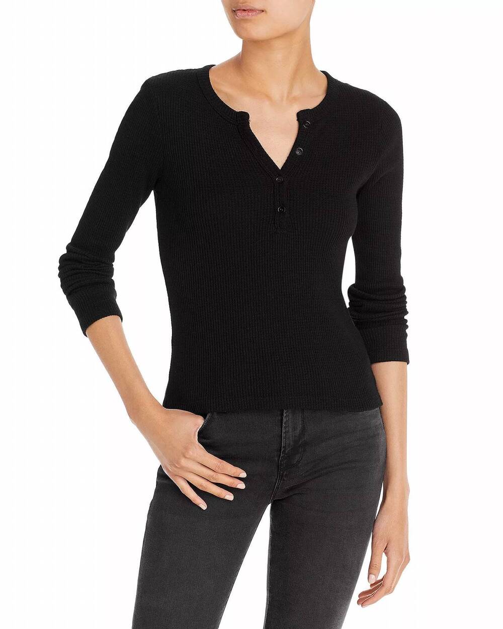 NEW MONROW long sleeve thermal henley top in black